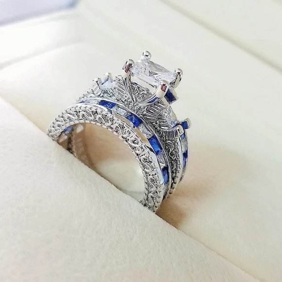 NEW 925 Sterling Silver Princess Cut Sapphire Ring - Picture 5 of 13